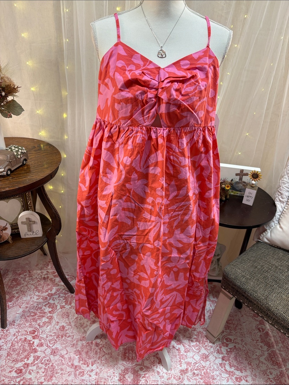 Time and Tru Pink and Red Floral Print Sundress